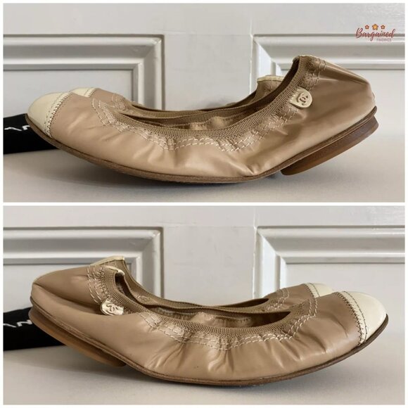 Authentic CHANEL Taupe Leather White Patent Leather Cap Toe Ballet Flats 7.5 - Picture 11 of 14